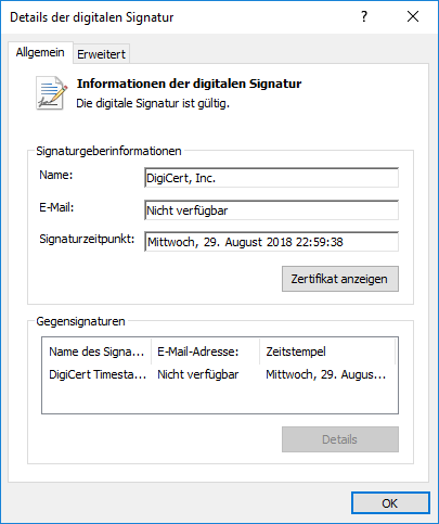 Detail des Zertifikats DigiCert Code Signing Detail des Zertifikats DigiCert Code Signing