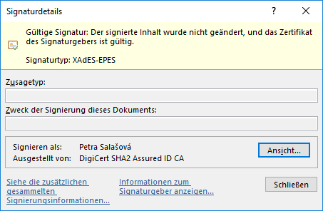 Darstellung des Zertifikats DigiCert Document Signing Individual im Client Darstellung des Zertifikats DigiCert Document Signing Individual im Client