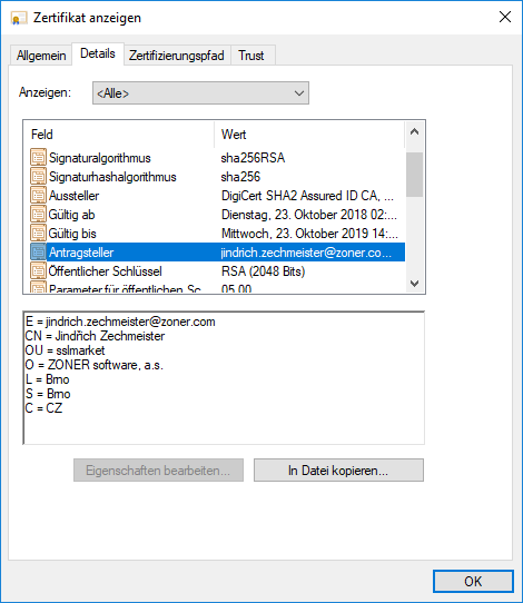 Darstellung des Zertifikats QuoVadis RSASSA-PSS S/MIME im Client Darstellung des Zertifikats QuoVadis RSASSA-PSS S/MIME im Client