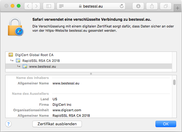Darstellung des Zertifikats RapidSSL Wildcard im Browser Darstellung des Zertifikats RapidSSL Wildcard im Browser