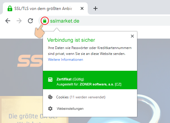 Darstellung des EV-Zertifikats im Chrome Darstellung des EV-Zertifikats im Chrome